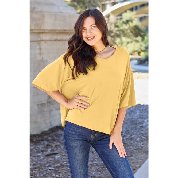BASIC BAE Yellow Bamboo Round Neck Drop Shoulder Half Sleeve T-Shirt NEW - Picture 1 of 4
